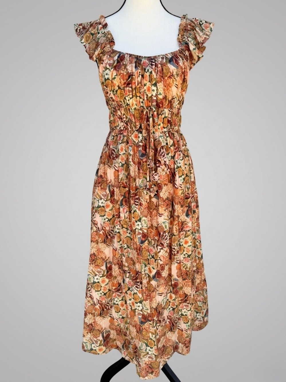 En Saison Floral Ruffled Sleeve Midi Dress in Warm Autumn Tones
